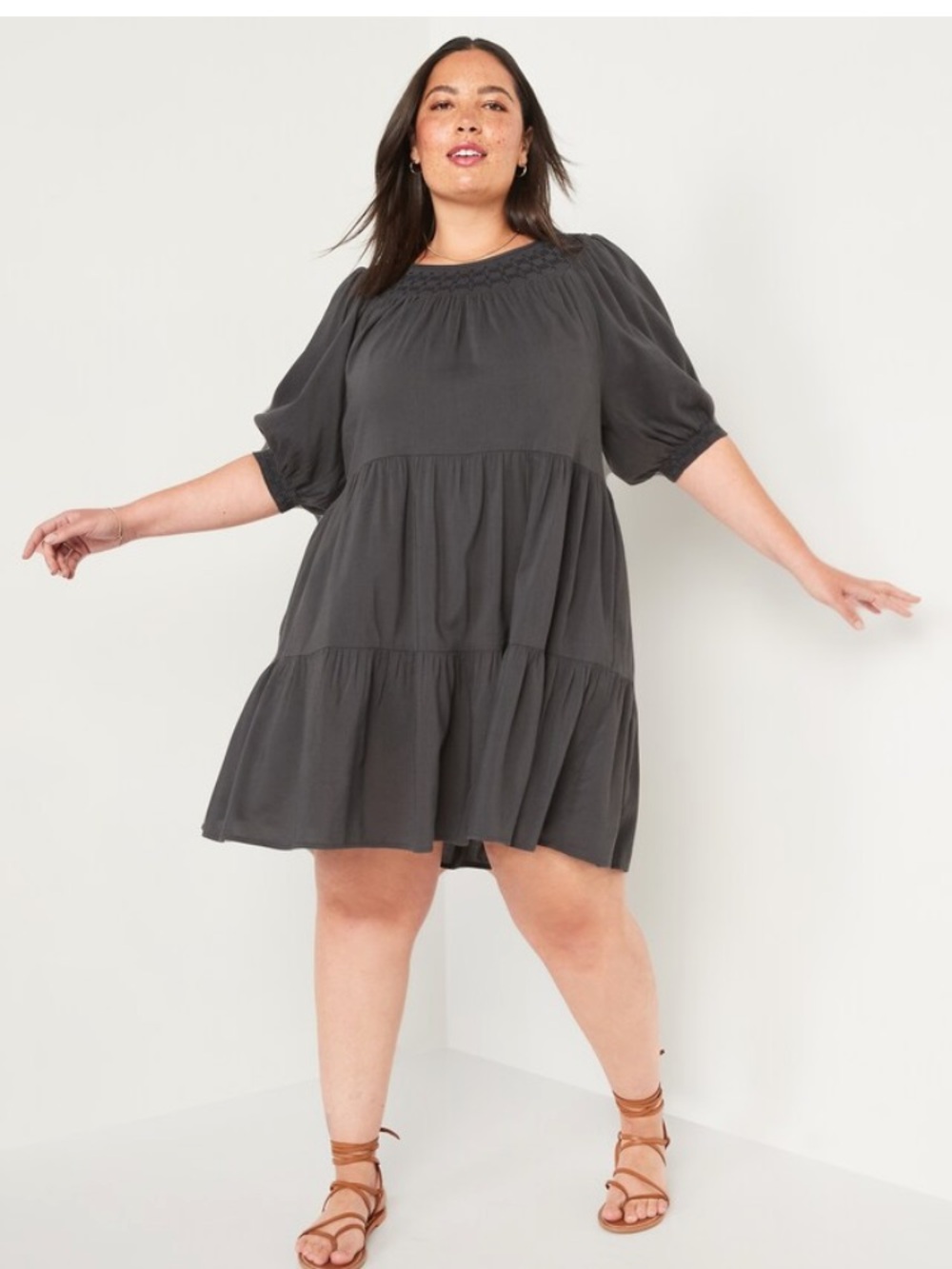 Old Navy Charcoal Smocked Neck Tiered Mini Dress
